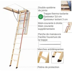Matisere Echelle escamotable bois - Trémie de 70 x 140cm - Hauteur de 2.80 à 3.05m - LWL70140-3- Escalier Escamotable