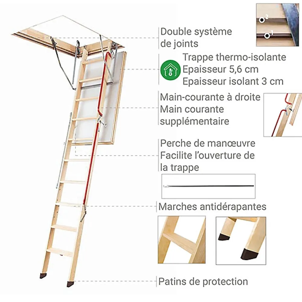 Matisere Echelle escamotable bois - Trémie de 70 x 140cm - Hauteur de 2.80 à 3.05m - LWL70140-3- Escalier Escamotable