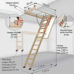 Matisere Echelle escamotable bois - Trémie de 70 x 140cm - Hauteur de 2.32 à 2.80m - LWK70140-2- Escalier Escamotable