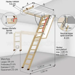 Matisere Echelle escamotable bois - Trémie de 60 x 120cm - Hauteur de 2.32 à 2.80m - LWZ60120-2- Escalier Escamotable