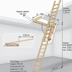 Matisere Escalier Escamotable<Echelle escamotable bois - Trémie de 70 x 140cm - Hauteur de 2.00 à 3.05m - LDK70140/305