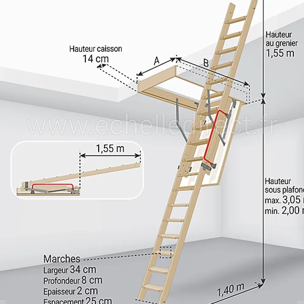 Matisere Escalier Escamotable<Echelle escamotable bois - Trémie de 70 x 140cm - Hauteur de 2.00 à 3.05m - LDK70140/305