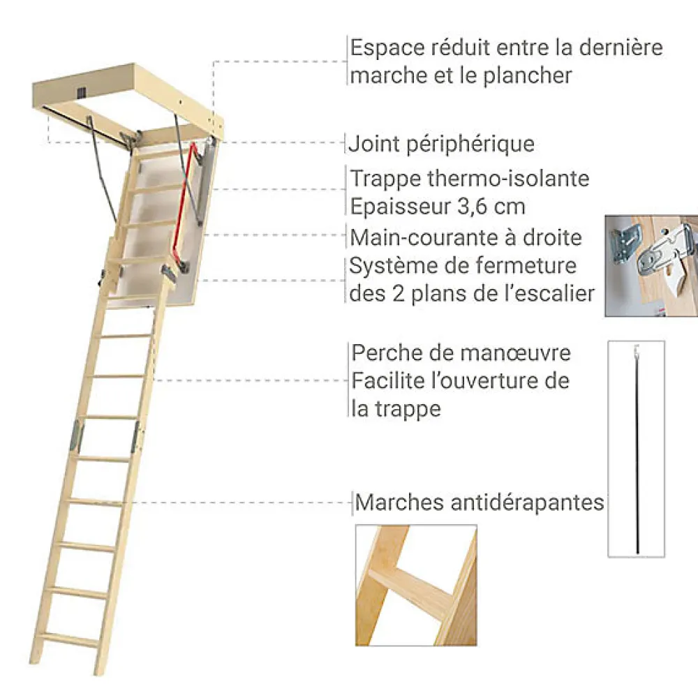Matisere Escalier Escamotable<Echelle escamotable bois - Trémie de 70 x 140cm - Hauteur de 2.00 à 3.05m - LDK70140/305