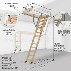 Matisere Echelle escamotable bois - Trémie de 60 x 120cm - Hauteur de 2.35 à 2.80m - LTK60120-2- Escalier Escamotable