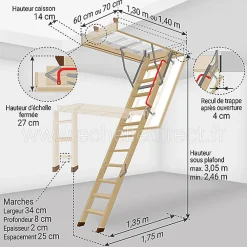 Matisere Echelle escamotable bois - Trémie de 60 x 140cm - Hauteur de 2.46 à 3.05m - LWK60140-3- Escalier Escamotable