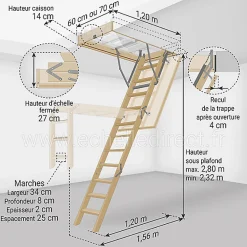 Matisere Echelle escamotable bois - Trémie de 70 x 120cm - Hauteur de 2.32 à 2.80m - LWS70120-2- Escalier Escamotable