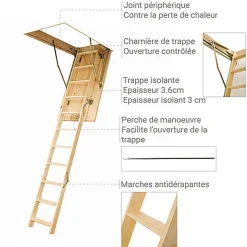 Matisere Echelle escamotable bois - Trémie de 70 x 120cm - Hauteur de 2.32 à 2.80m - LWS70120-2- Escalier Escamotable