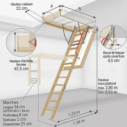 Matisere Echelle escamotable bois - Trémie de 55 x 100cm - Hauteur de 2.53 à 2.80m - LWT55100-2- Escalier Escamotable