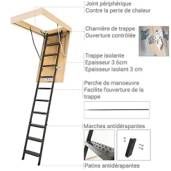 Matisere Escalier Escamotable<Echelle escamotable en métal - Trémie de 70 x 120cm - Hauteur de 2.20 à 2.80m - LMS70120-2