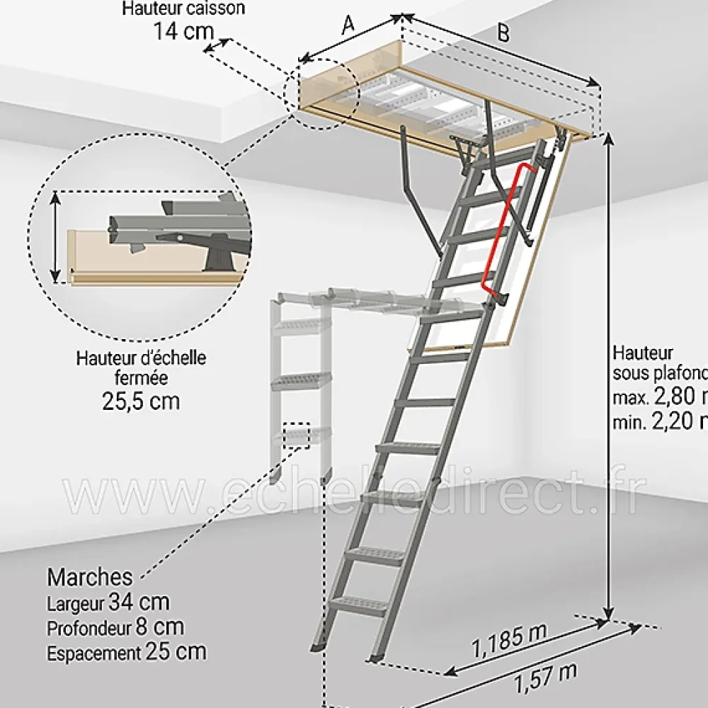 Matisere Escalier Escamotable<Echelle escamotable en métal - Trémie de 70 x 120cm - Hauteur de 2.20 à 2.80m - LMK70120-2