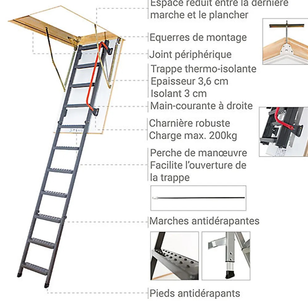 Matisere Escalier Escamotable<Echelle escamotable en métal - Trémie de 70 x 120cm - Hauteur de 2.20 à 2.80m - LMK70120-2