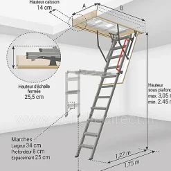 Matisere Escalier Escamotable<Echelle escamotable en métal - Trémie de 70 x 130cm - Hauteur de 2.45 à 3.05m - LMK70130-3