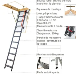 Matisere Escalier Escamotable<Echelle escamotable en métal - Trémie de 70 x 130cm - Hauteur de 2.45 à 3.05m - LMK70130-3