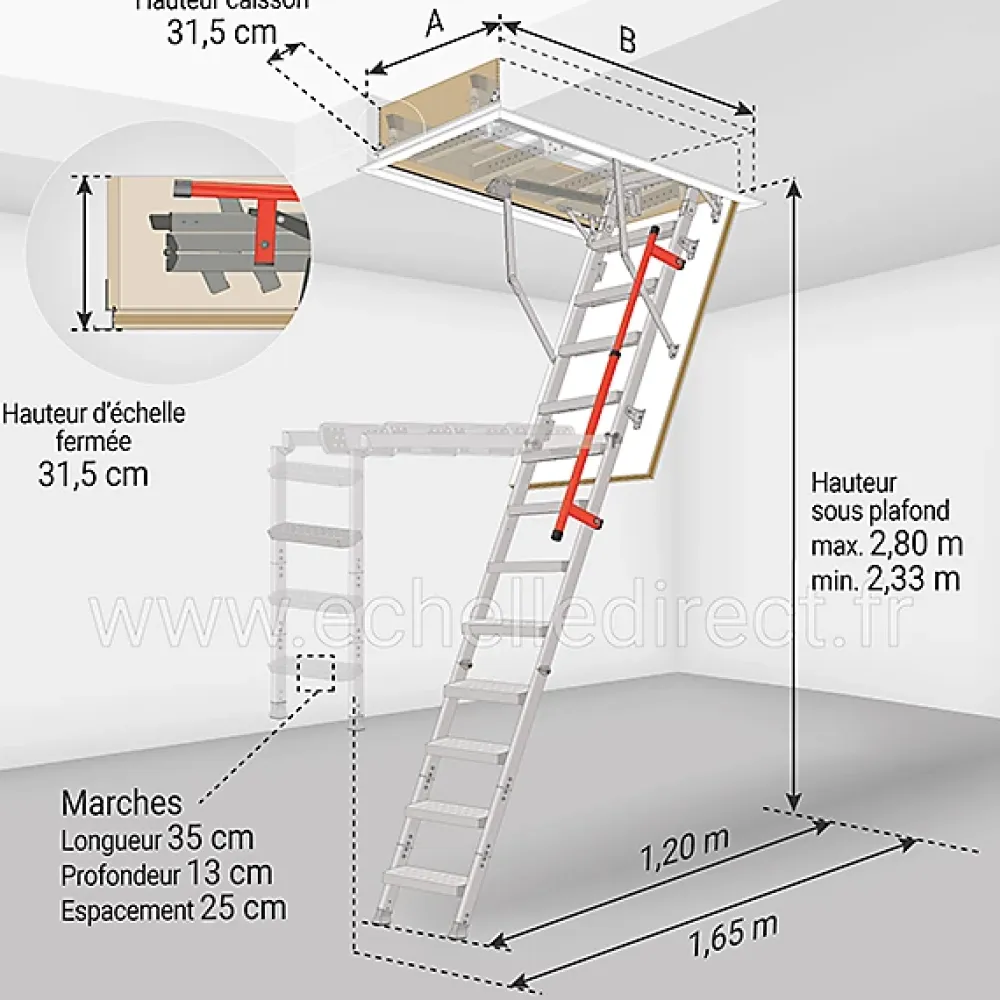 Matisere Escalier Escamotable<Echelle escamotable en métal - Trémie de 70 x 140cm - Hauteur de 2.33 à 2.80m - LML70140-2