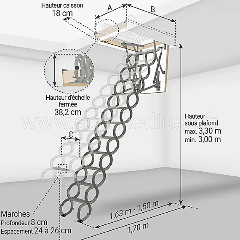 Matisere Escalier Escamotable<Echelle escamotable en métal - Trémie de 51 x 80cm - Hauteur de 3.00 à 3.30m - LST5180/330