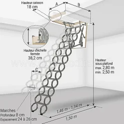 Matisere Escalier Escamotable<Echelle escamotable en métal - Trémie de 60 x 120cm - Hauteur de 2.50 à 2.80m - LST60120-280
