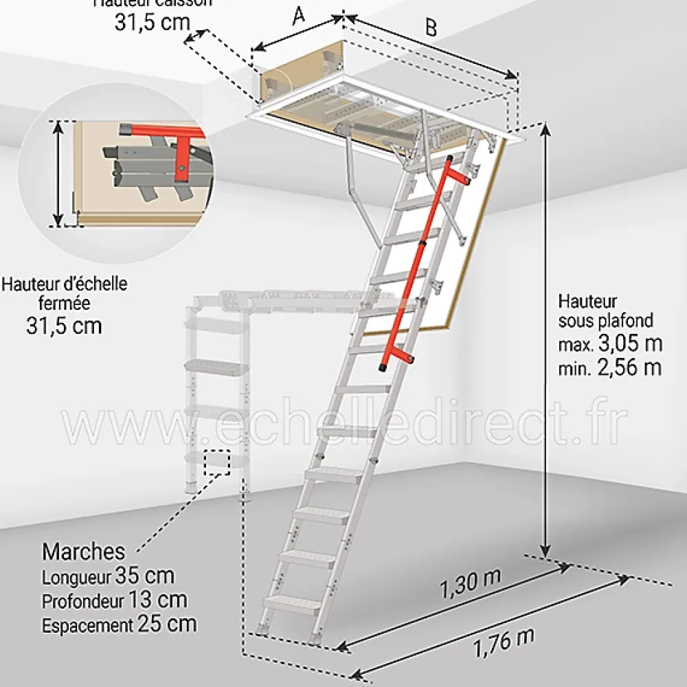 Matisere Escalier Escamotable<Echelle escamotable en métal - Trémie de 70 x 130cm - Hauteur de 2.56 à 3.05m - LML70130-3