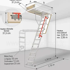 Matisere Echelle escamotable en métal - Trémie de 92 x 130cm - Hauteur de 2.56 à 3.05m - LML92130-3- Escalier Escamotable