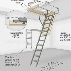 Matisere Echelle escamotable en métal - Trémie de 60 x 120cm - Hauteur de 2.20 à 2.80m - LMS60120-2- Escalier Escamotable