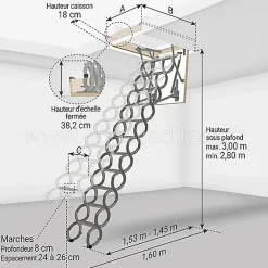 Matisere Escalier Escamotable<Echelle escamotable en métal - Trémie de 70 x 80cm - Hauteur de 2.80 à 3.00m - LST7080-300
