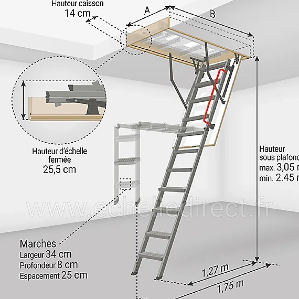 Matisere Escalier Escamotable<Echelle escamotable en métal - Trémie de 60 x 130cm - Hauteur de 2.45 à 3.05m - LMK60130-3