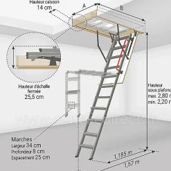 Matisere Echelle escamotable en métal - Trémie de 60 x 120cm - Hauteur de 2.20 à 2.80m - LMK60120-2- Escalier Escamotable
