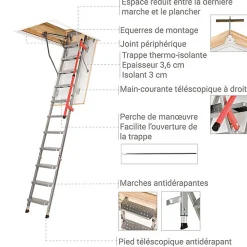 Matisere Echelle escamotable en métal - Trémie de 60 x 130cm - Hauteur de 2.56 à 3.05m - LML60130-3- Escalier Escamotable