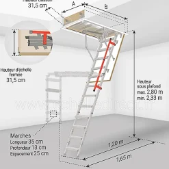 Matisere Escalier Escamotable<Echelle escamotable en métal - Trémie de 83 x 130cm - Hauteur de 2.33 à 2.80m - LML86130-2
