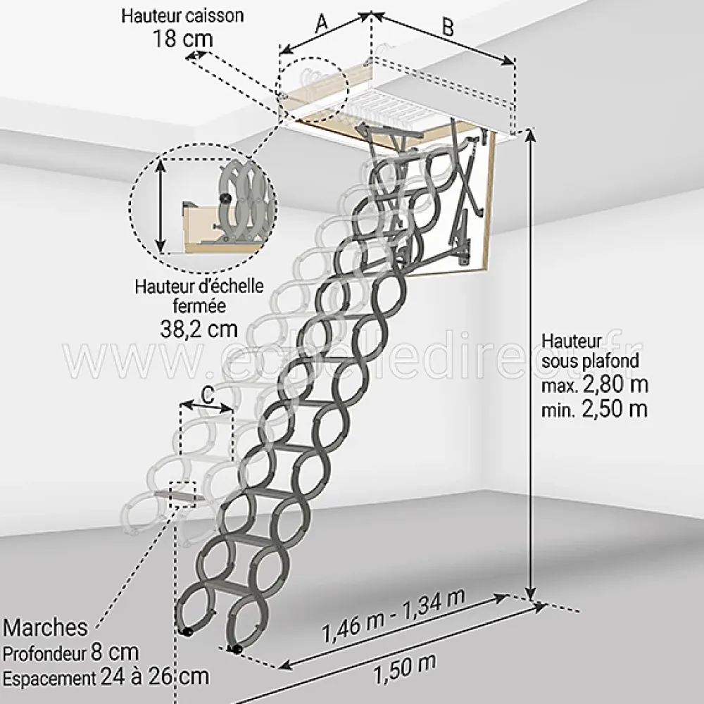 Matisere Echelle escamotable en métal - Trémie de 60 x 90cm - Hauteur de 2.50 à 2.80m - LST6090-280- Escalier Escamotable