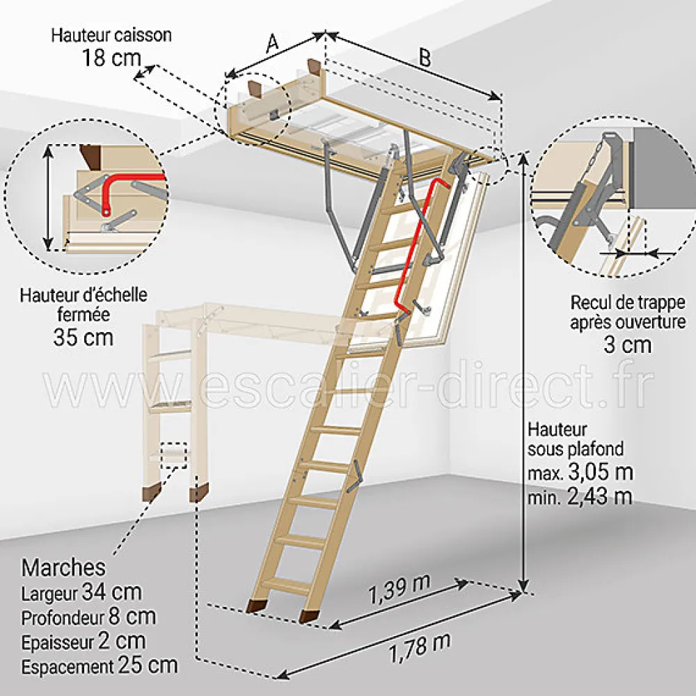 Matisere Echelle escamotable isolante - Haut. sous plafond 3.05m et long. trémie 1.30 à 1.40m - LTK70130-3- Escalier Escamotable