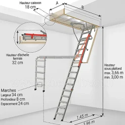 Matisere Echelle Escamotable Métal - Trappe 70x144cm - Hauteur 3.00 à 3.66m - LMP70144-3- Escalier Escamotable