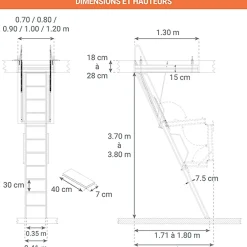 Matisere Echelle Escamotable Métal - Trappe 80x130cm - Hauteur 3.70 à 3.80m - ACI-QUA380/130-80- Escalier Escamotable