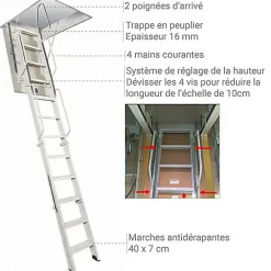 Matisere Echelle Escamotable Métal - Trappe 80x130cm - Hauteur 3.70 à 3.80m - ACI-QUA380/130-80- Escalier Escamotable