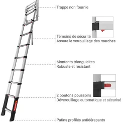 Matisere Echelle télescopique escamotable 9 marches - Hauteur de 2.25 à 2.45m - TEL-72324- Escalier Escamotable
