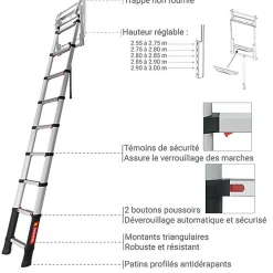 Matisere Escalier Escamotable<Echelle télescopique escamotable 10 marches - Hauteur de 2.55 à 3.00m - TEL-72527