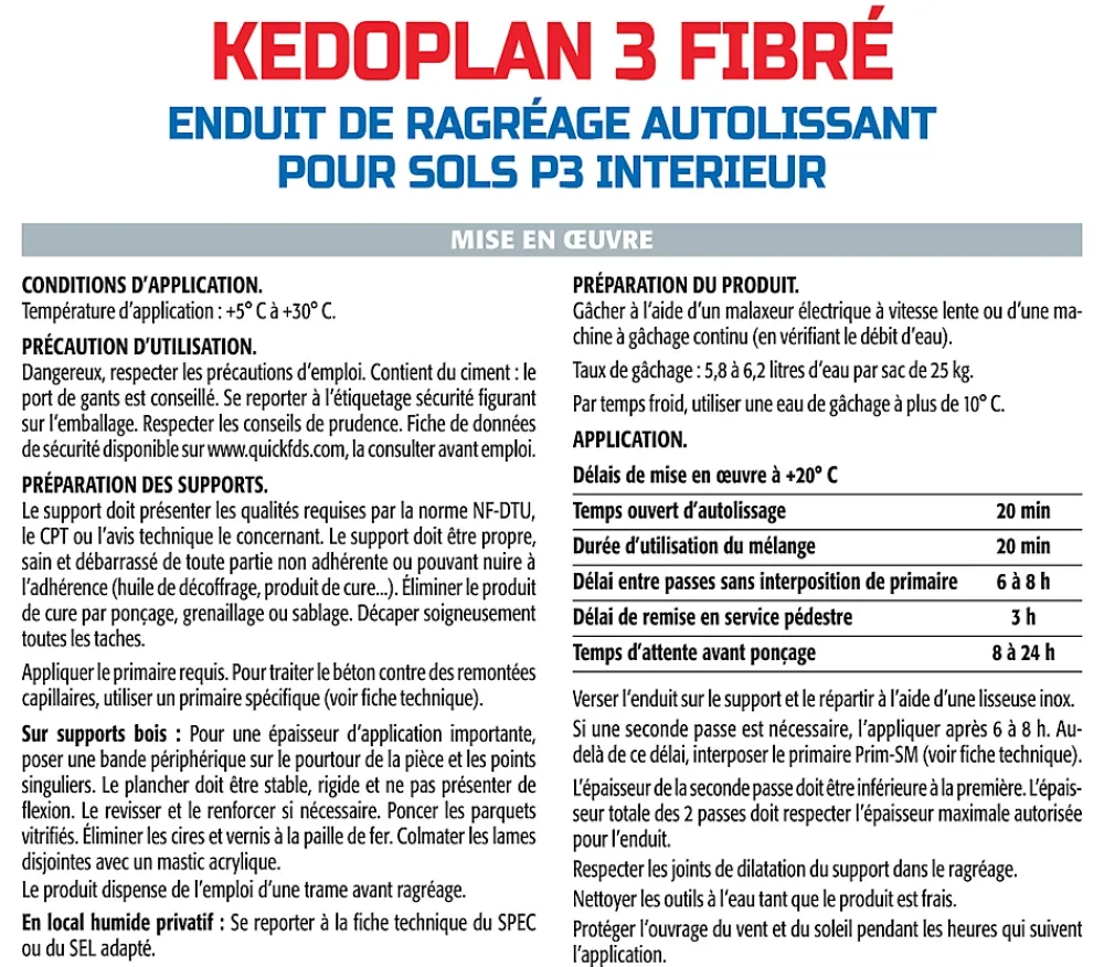Semin Enduit de Ragréage Autolissant Kedoplan Fibré , Sol Intérieur, sac de 25 kg (lot de 3)- Ragréage Et Primaire Pour Carrelage