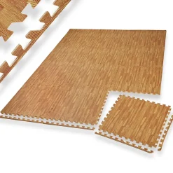 Tectake Ensemble de 12 Dalles Carrées Tapis de sol Sport 12 pièces avec 24 bordures imprimé bois- Dalle Pvc Garage