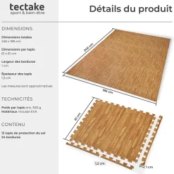 Tectake Ensemble de 12 Dalles Carrées Tapis de sol Sport 12 pièces avec 24 bordures imprimé bois- Dalle Pvc Garage