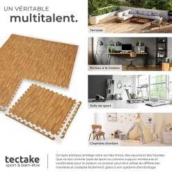 Tectake Ensemble de 12 Dalles Carrées Tapis de sol Sport 12 pièces avec 24 bordures imprimé bois- Dalle Pvc Garage