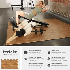 Tectake Ensemble de 24 Dalles Carrées Tapis de sol Sport 24 pièces avec 48 bordures imprimé bois- Dalle Pvc Garage