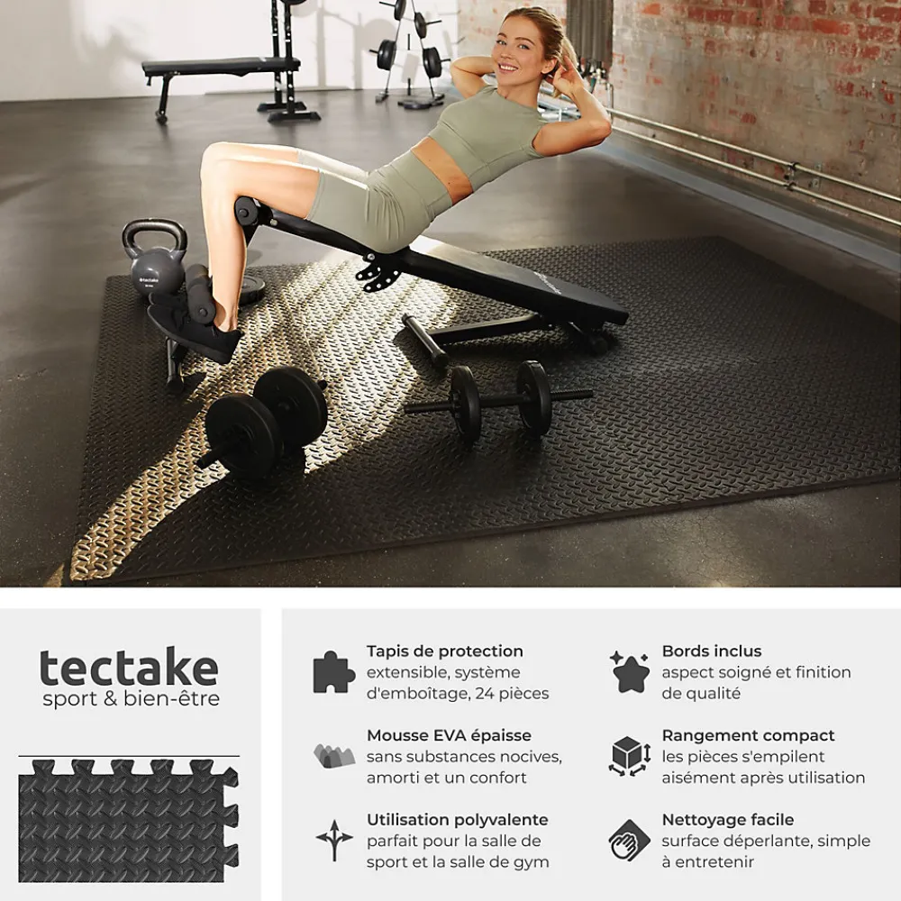 Tectake Ensemble de 24 Dalles Carrées Tapis de sol Sport 24 pièces avec 48 bordures noir- Dalle Pvc Garage