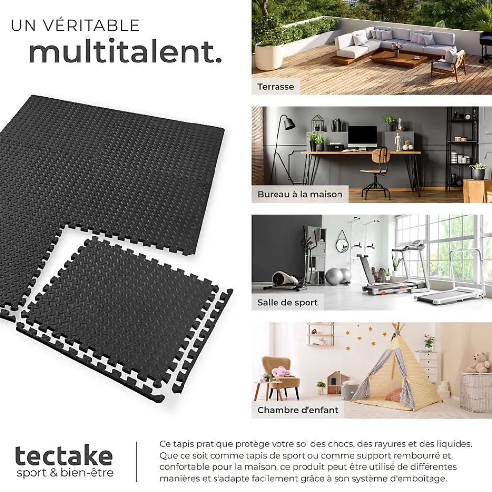 Tectake Ensemble de 24 Dalles Carrées Tapis de sol Sport 24 pièces avec 48 bordures noir- Dalle Pvc Garage