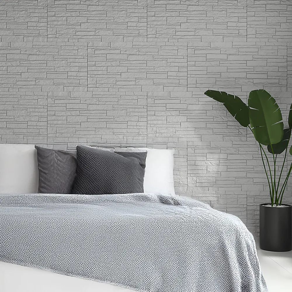Divina Home Panneau Mural Décoratif<Ensemble de 12 panneaux décoratifs effet brique et pierre 3D, revêtement mural PU 8,6 m² (120x60x2,5 cm), quartzite blanc