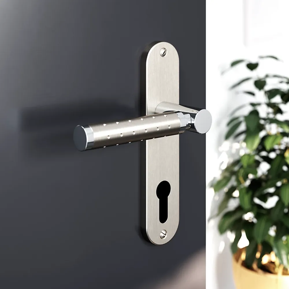 GoodHome Ensemble poignée sur plaque rondcylindre Brigg effet chrome et nickel satin gris L.132mm x l.40mm entraxe 165mm- Poignée De Porte