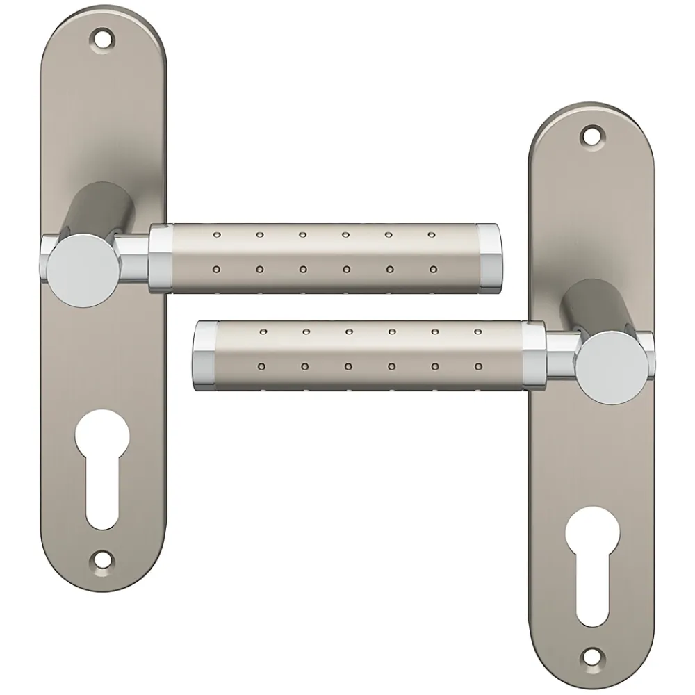 GoodHome Ensemble poignée sur plaque rondcylindre Brigg effet chrome et nickel satin gris L.132mm x l.40mm entraxe 165mm- Poignée De Porte