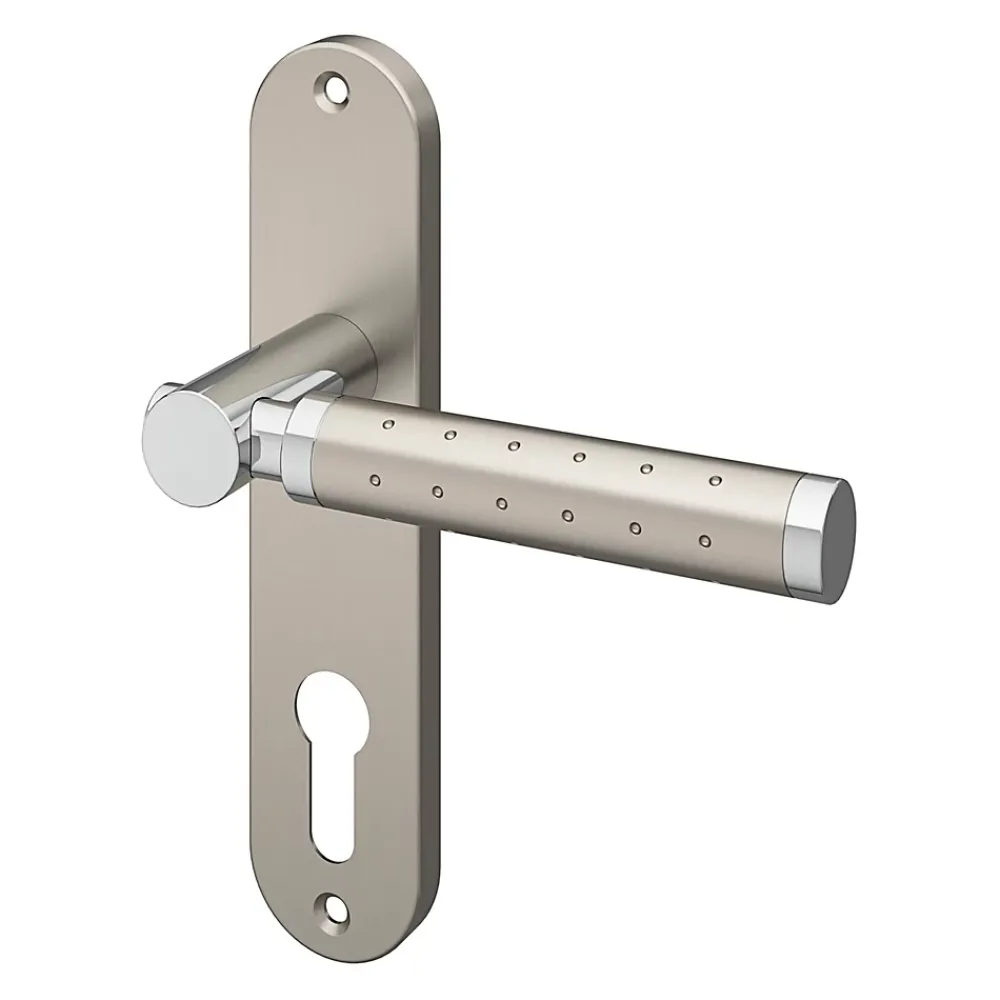 GoodHome Ensemble poignée sur plaque rondcylindre Brigg effet chrome et nickel satin gris L.132mm x l.40mm entraxe 165mm- Poignée De Porte