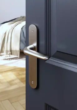 GoodHome Poignée De Porte<Ensemble poignée sur plaque Droit Mehaban effet nickel satin gris L.120mm x l.40mm entraxe 195mm
