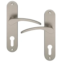 GoodHome Poignée De Porte<Ensemble poignée sur plaque rondcylindre Beare effet nickel satin gris L.110.5mm x l.40mm entraxe 165mm