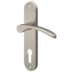 GoodHome Poignée De Porte<Ensemble poignée sur plaque rondcylindre Beare effet nickel satin gris L.110.5mm x l.40mm entraxe 165mm
