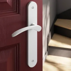 GoodHome Poignée De Porte<Ensemble poignée sur plaque rond Beare mat blanc L.110.5mm x l.40mm entraxe 195mm